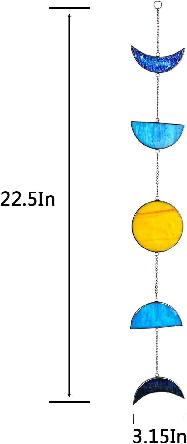 Celestial Blue Stained Glass Sun and Moon Window Hanging Handmade Stained Glass Suncatcher Boho Home Decor Sun Catcher for Indoor Window Panel Mystic Gift for Women