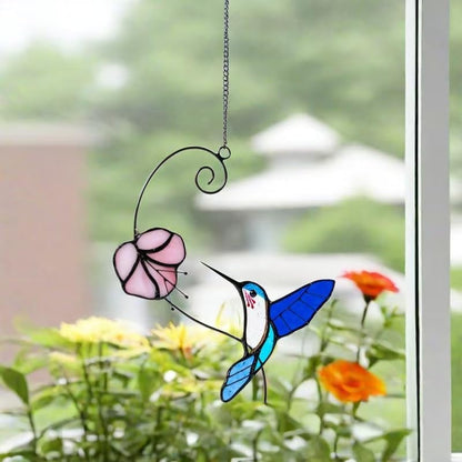 Handmade Hummingbird Stained Glass Suncatcher - Waterproof Outdoor Window & Garden Decor, Unique Gift with Suction Hooks for Home Holidays