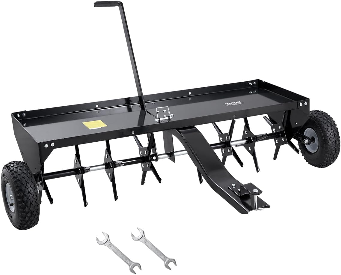 VEVOR Tow Behind Plug Aerator, 48-Inch Tow Behind Lawn Plug Aerator with Universal Hitch, Pull Behind Aerator with Iron Spikes Alternately Arranged, Lawn Aerator Tow Behind for Gardens, Lawns, Farms