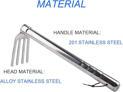 Stainless Steel Garden Cultivator Metal Hand Weather Resistant Hand Tool 15-Inch Lightweight 4 prongs Rake for Weeding Seeding Turning Soil