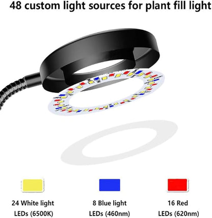 Plant Grow Light, 48 LEDs Full Spectrum Grow Lights for Indoor Plants, Height Adjustable Small Halo Grow Light with Clip, 3 Spectral Modes, Auto Timer 3/9/12Hrs, 10 Levels Brightness,Black