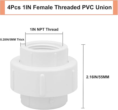 4Pcs 1Inch Female Threaded PVC Union Coupling Pipe Fitting (Female x Female) 1'' PVC FNPT Female Union Coupling Adapter for Sprinkler Pipe, Irrigation, Plumbing, Schedule 40, EPDM O-Ring