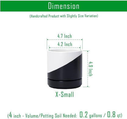 D'vine Dev 4.7 Inch Ceramic Planter Pot with Drainage Hole and Saucer, Indoor Cylinder Round Planter Pot, Oblique Monochrome Black and White, 94-O-B-K