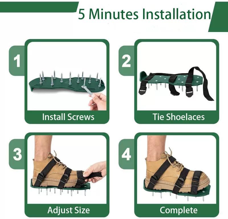 Lawn Aerator Shoes with Adjustable Nylon Straps, Lawn Aeration or as Screed Shoes, Gardening Spiked Shoes Lawn Aerating One Size Fits All Spiked Sandals for Yard Patio Garden Grass Green