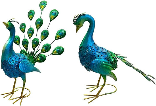 2 Pack Beautiful Peacock Outdoor Garden Statue Ornament Realistic Metal Peacock Lawn Yard Patio Decorations Art Sculpture Outside Decor Gift for Women Grandma Birthday,16" 20" Tall Blue Peacock