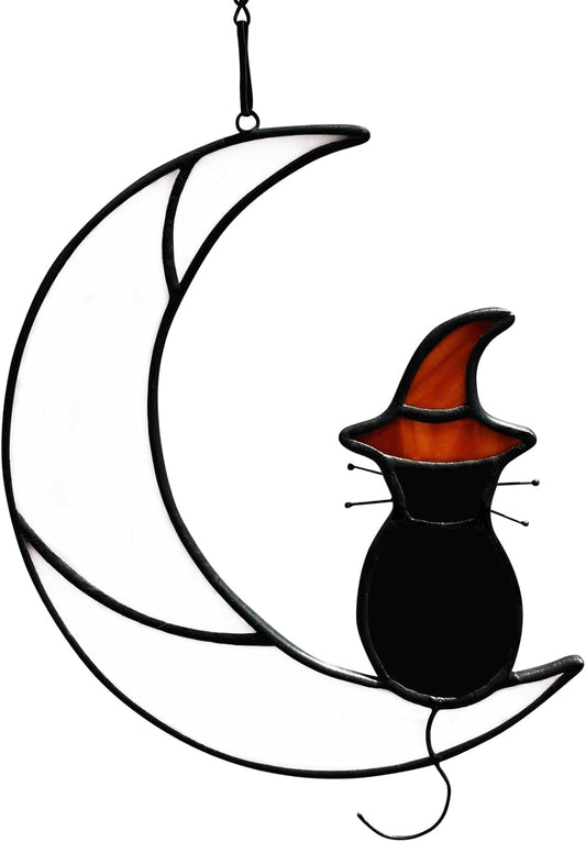 Stained Glass Halloween Black Cat Decor Gifts for Cat Lovers Memorial, Handmade Gothic Witch Hat