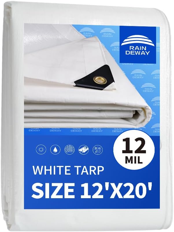RAINDEWAY 12 Mil Heavy Duty White Tarp 12x20 Feet, UV Resistant, Waterproof, Weatherproof Poly Tarp with Metal Grommets and Reinforced Edges