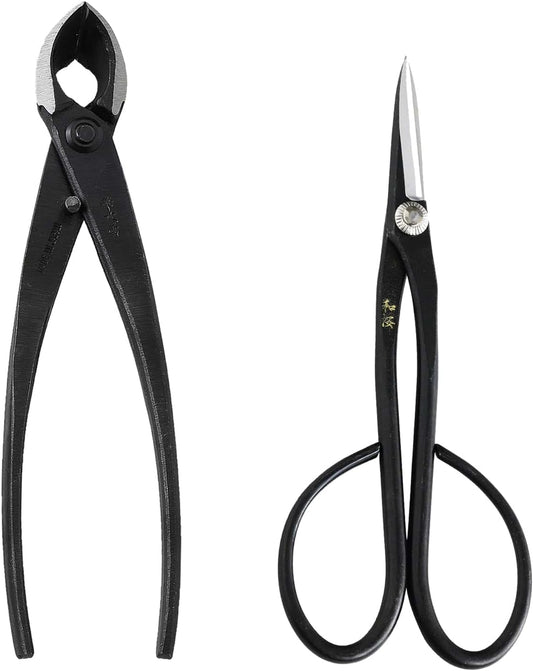 Wazakura Japanese Bonsai Tool Kit Set Made in Japan, Satsuki Scissors 7inch(180mm) + Concave Branch Cutter 8inch(200mm) Gift Box (Yasugi Steel Satsuki Scissors + Concave Branch Cutter)