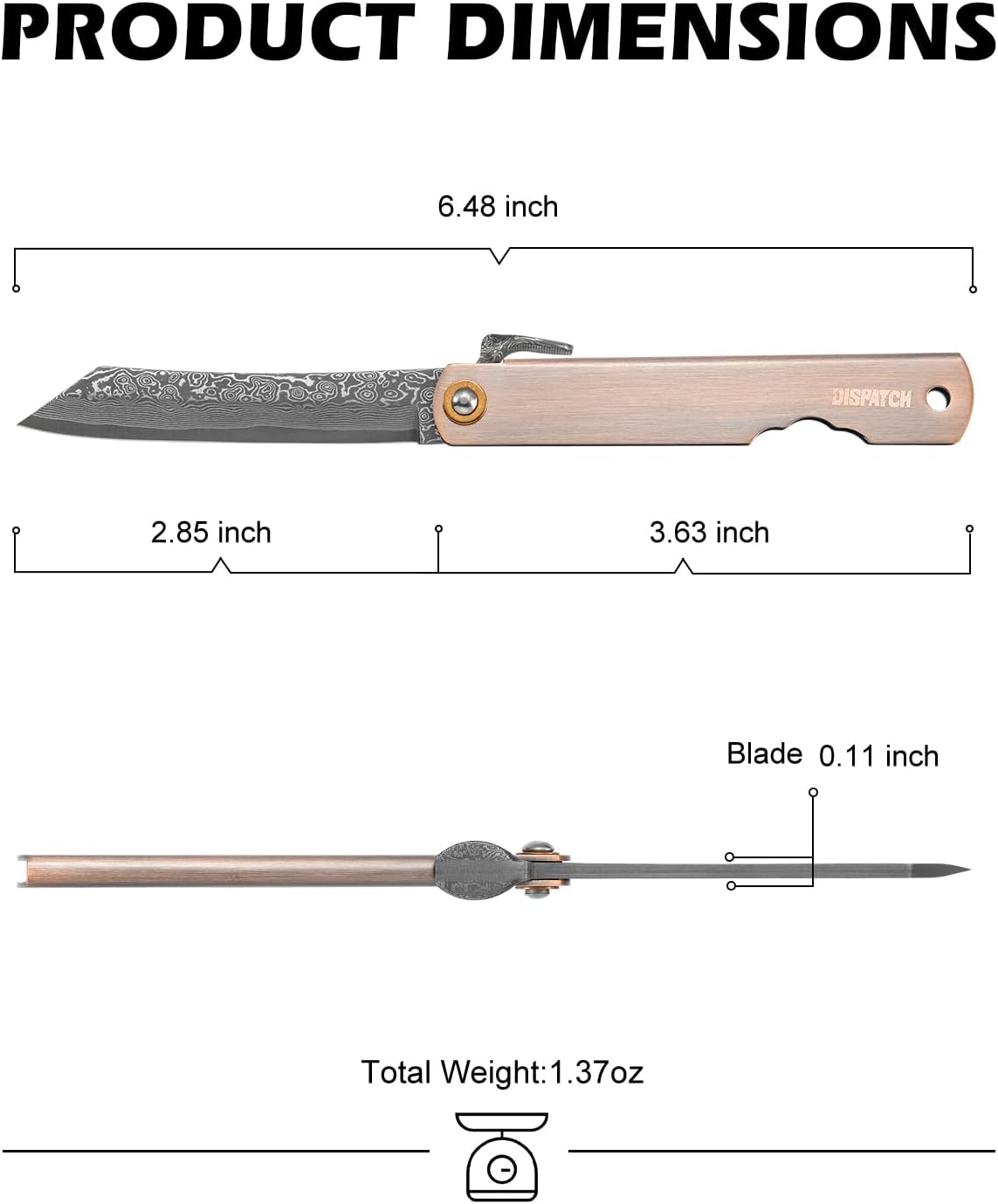 EDC Folding Knife, 2.8" Full Panel Plain Edge Blade, Non-Locking Pocket Knife Features Cloud Pattern Damascus Steel Blade & Red Bronze Electroplated Handle, Includes Black PU Sheath