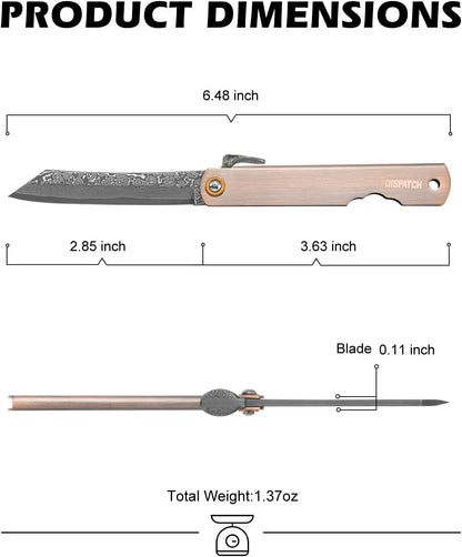 EDC Folding Knife, 2.8" Full Panel Plain Edge Blade, Non-Locking Pocket Knife Features Cloud Pattern Damascus Steel Blade & Red Bronze Electroplated Handle, Includes Black PU Sheath