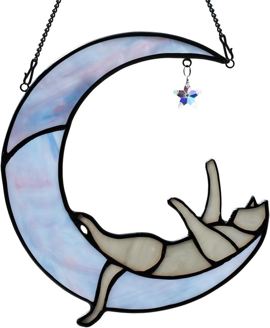 Colorful Crystal Star Grey Cat Decor,Stained Glass Suncatcher for Window Hanging,Birthday Gifts for