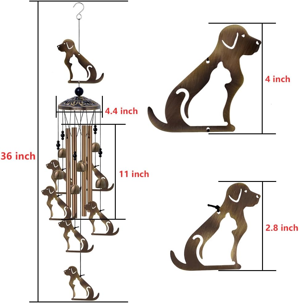 Outdoor Dogs Wind Chimes Indoor Decor - Hand-Made Mobile Romantic Bronze Wind Catcher, 36" Puppys Wind Bells for Home, Balcony, Patio, Garden Festival Decoration, Gift for Mom(4 Tubes, 6 Bells, 7Dogs)