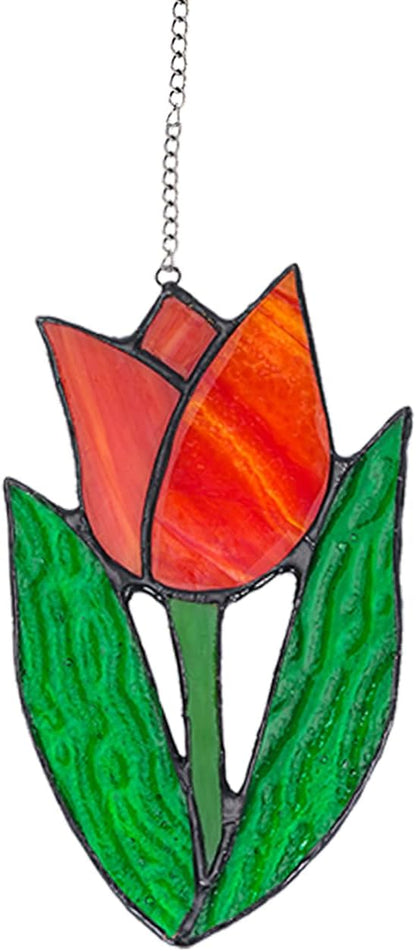 Tulip Stained Glass Window Hanging Suncatcher Handmade Flower Plant Stained Glass Sun Catchers Perfect for Indoor Window,Kitchen,and Living Rooms Spring Home Decor Gifts for Mom Women Plant Lover