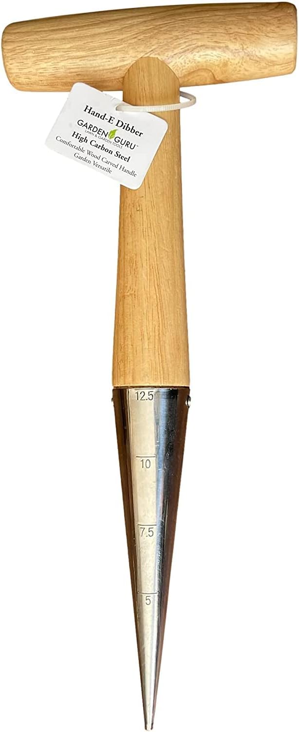 Garden Guru Steel Dibber Planter Tool for Planting Seeds & Bulbs - High Carbon Steel & Comfortable Wood Carved Handle - for Consistent Planting Flowers Tulips, Daffodils, Dahlias (4 Pack)