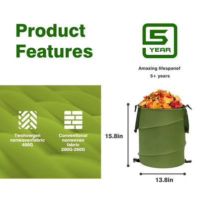 Reusable Lawn and Leaf Garden Bag, Collapsible/Pop Up Trash Can, 18x22 in Garbage Can and Recycling Bin with Lid for Home Storage, Laundry, Camping, Garden (2Pcs-Green 24 Gallons)