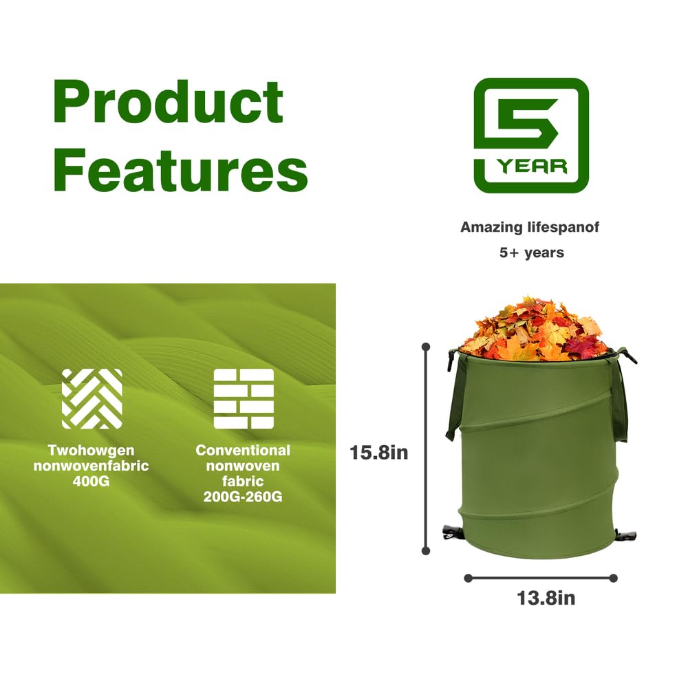 Collapsible Pop Up Trash Can, Outdoor Recycling Bin 13.8x15.8 in, 600D Oxford Cloth Yard Waste Bags, Camping Trash Can With Clip and Zip Lid (1Pcs-Green 10 Gallons)