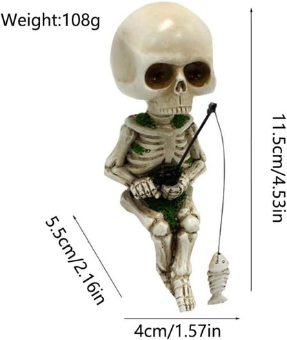Fishing Skeleton Statue Halloween Decorations, 4.5 Inch Cute Sitting Skull Figurine Shelf Sitter Resin Sculpture for Outdoor Garden Yard Lawn Pond Waterfalls Pool Ornaments