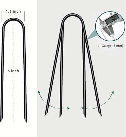 6 inch 25 Pack U Shape Black Garden Stakes,11 Gauge Garden Pins,U-Shaped Tent Stakes,Galvanized Landscape Staples for Yard Lawn,Tube, Landscape Fabrics,Irrigation Hose and Weed Barriers.