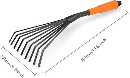 Mini Garden Rake 16 Inch 9 Root Steel Hand Fan Leaf Rake with Ergonomic Comfort Grip & Rust Resistant - Professional Gardening Tool