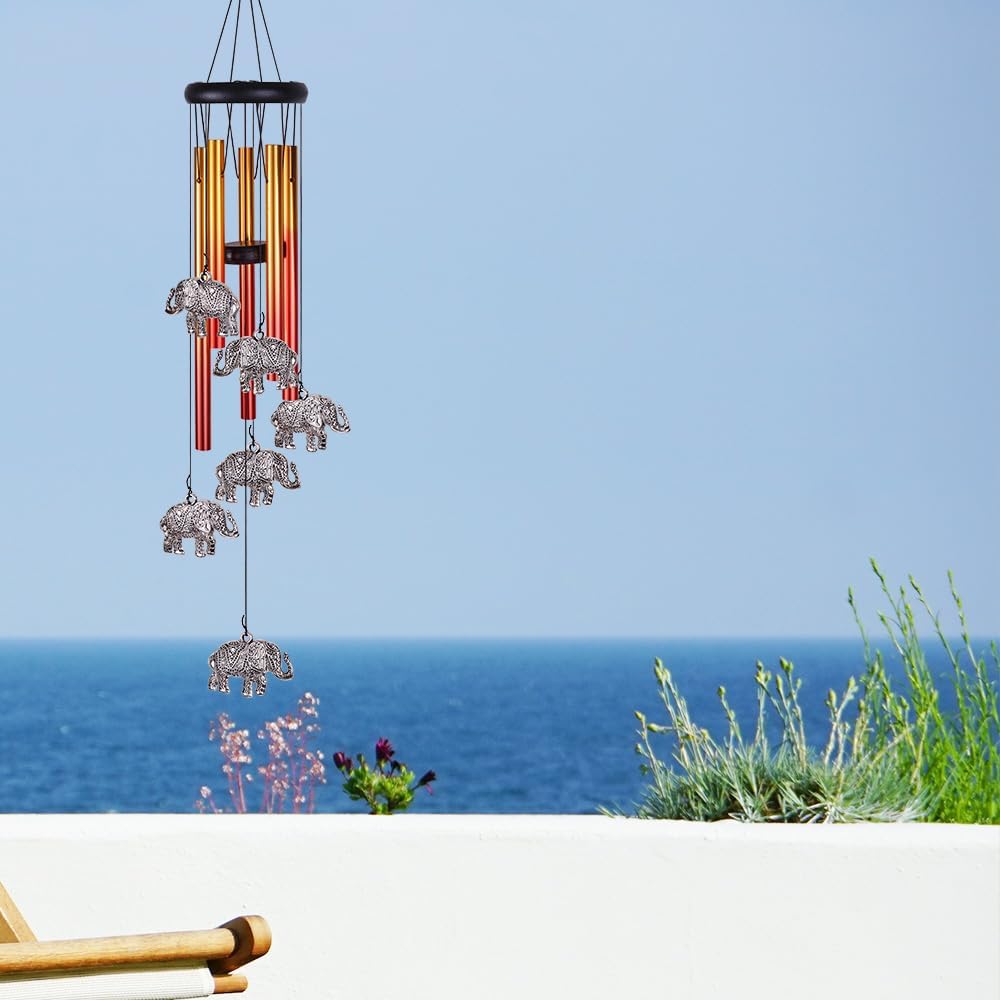 Elephant Wind Chimes Outdoor/Indoor Decor - Pure Hand-Made Mobile Romantic Wind Catcher, 28" Elephants Wind Chimes for Home, Xmas, Gift for Mom, Balcony, Patio, Garden Decoration(6 Elephants, 5 Tubes)