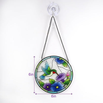 Vindar Hummingbird Suncatcher - Stained Glass Window Hanging, 6 Inch Hand Painted Double Sided Glass Panel, Hummingbird Decor Gift for Mom, Bird Lover