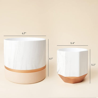LA JOLIE MUSE White Ceramic Flower Pots - 6.7 + 5.4 Inch Indoor Planters, Plant Containers in a Marble Ink Pattern with Rose Gold and Pink Detailing