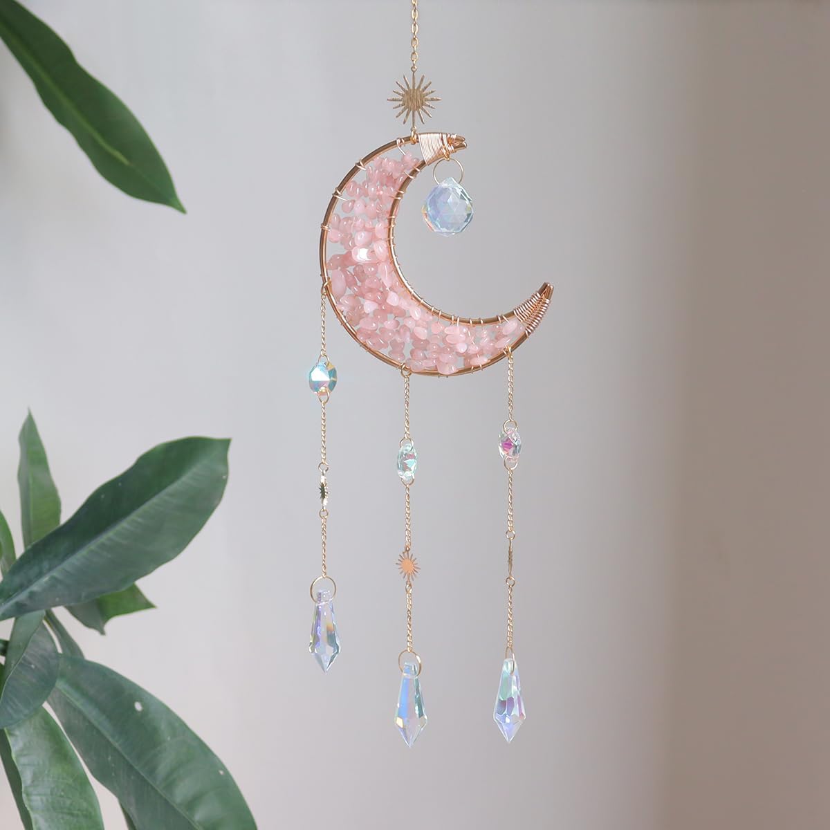Moon Suncatcher Hanging Decor, Boho Chic Rose Quartz Crystal Sun Catcher, Spritual Sun Light Catcher for Windows, Crescent Moon Housewarming Gift (Rose Quartz)