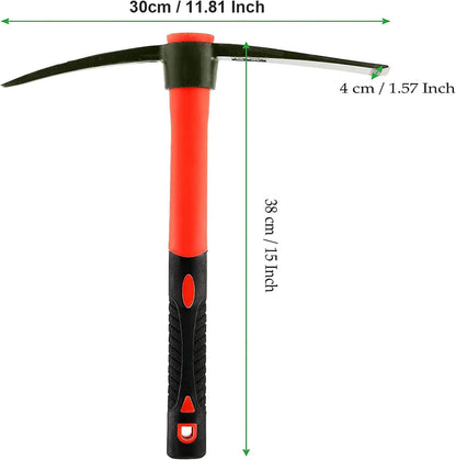 15 Inch Pick Mattock Hoe, Forged Steel Weeding Pick Axe with Fiberglass Long Handle Garden Tool for Digging, Gardening, Camping, Prospecting, Construction Work