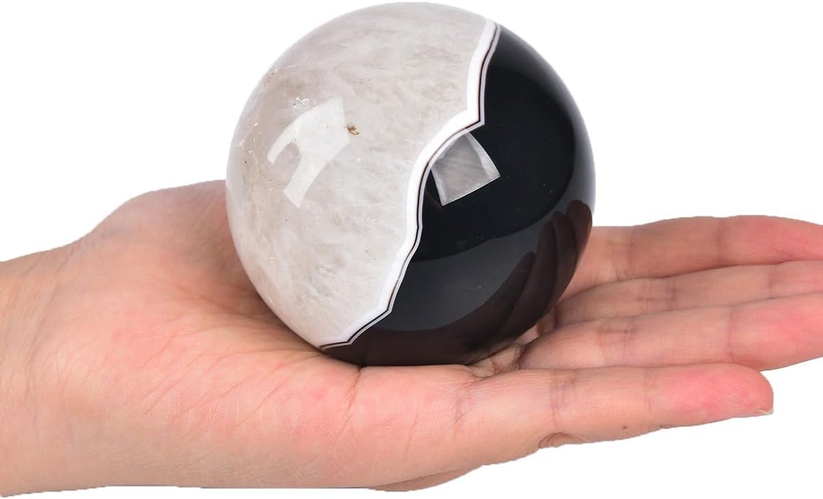 JIC Gem 2.7-3.1 inch(70-80mm) Large Black Onyx Agate Crystal Ball Round Healing Crystals Decorative Sphere with Wooden Stand Meditation Witchcraft Home Decor