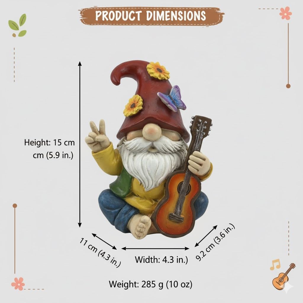 Peace Sign Garden Gnome Figurine Outdoor Statue, Funny Guitar Playing Dwarf Rock Music Decor - 6‘’ Resin Lawn Ornament, Unique Housewarming Gift for Music Lovers & Gardeners (Red)