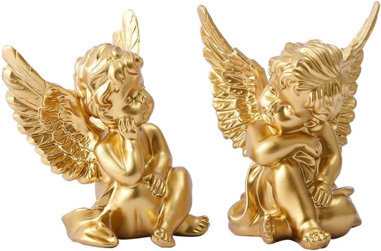 YUEOECOR 2PCS Cherubs Angels Resin Garden Statue Figurine, Adorable Angel Sculpture Memorial Statue Indoor Outdoor Home Garden Decoration (B 2PCS Gold)