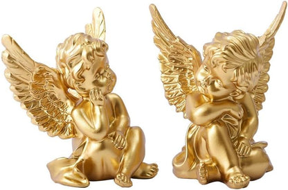 YUEOECOR 2PCS Cherubs Angels Resin Garden Statue Figurine, Adorable Angel Sculpture Memorial Statue Indoor Outdoor Home Garden Decoration (B 2PCS Gold)