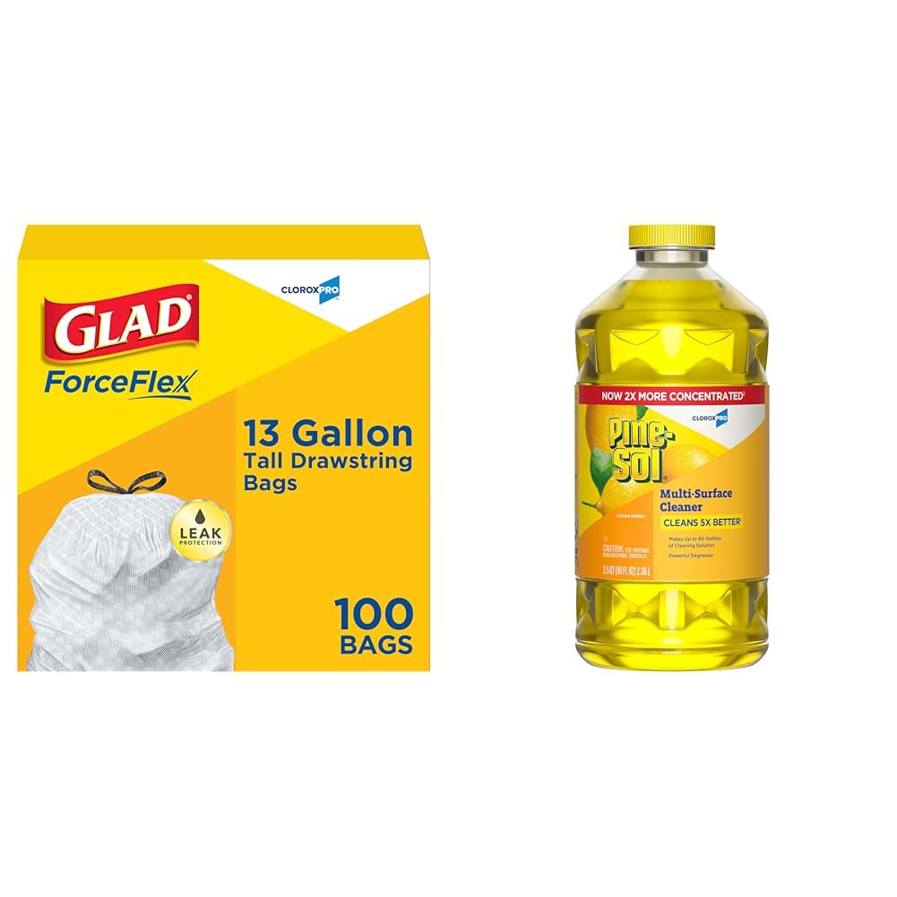 CloroxPro Glad ForceFlex 13 Gallon Tall Kitchen Drawstring Trash Bags, 100 Count and Pine-Sol Multi-Surface, All-Purpose Cleaner, 2x Concentrated Formula, Lemon Fresh, 80 Fl Oz (Package May Vary)