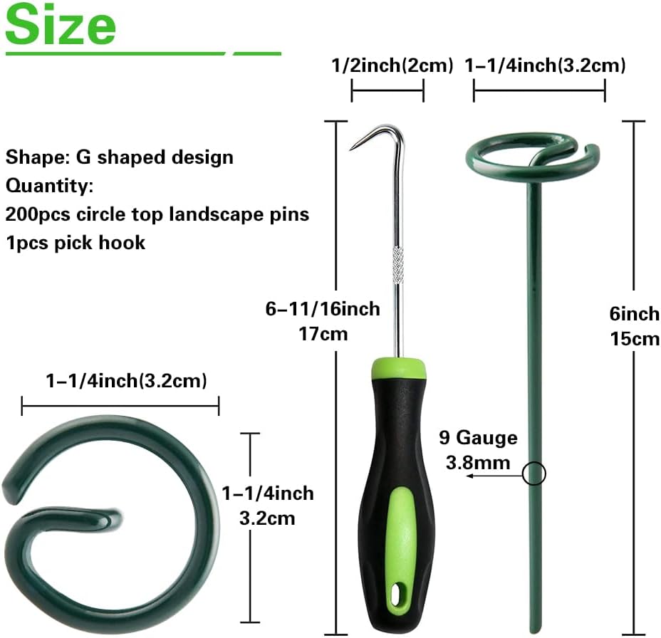 Bakulyor 200Pcs Circle Top Landscape Staples, 6 Inch Green Artificial Turf Stakes, 9 Gauge Landscape Fabric Pins, Heavy Duty Yard Lawn Spikes for Outdoor Soil Gardening Weed Barrier Sod Fabric - 6"
