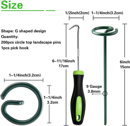 Bakulyor 200Pcs Circle Top Landscape Staples, 6 Inch Green Artificial Turf Stakes, 9 Gauge Landscape Fabric Pins, Heavy Duty Yard Lawn Spikes for Outdoor Soil Gardening Weed Barrier Sod Fabric - 6"
