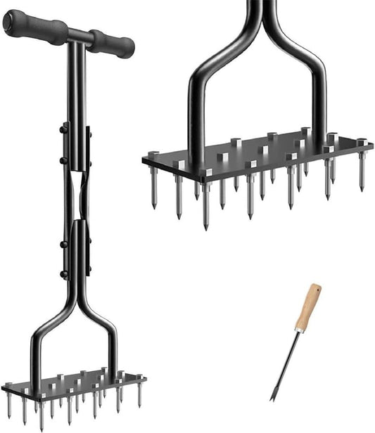 Lawn Aerator Tool, 2-in-1 Spike Manual Core Aerator Lawn Tool with 15 Iron Spikes, Gardening Hand Tools, Grass Plugger Yard Aerators for Garden Yard Lawns Soil Care, Revives Lawns Health(Black)