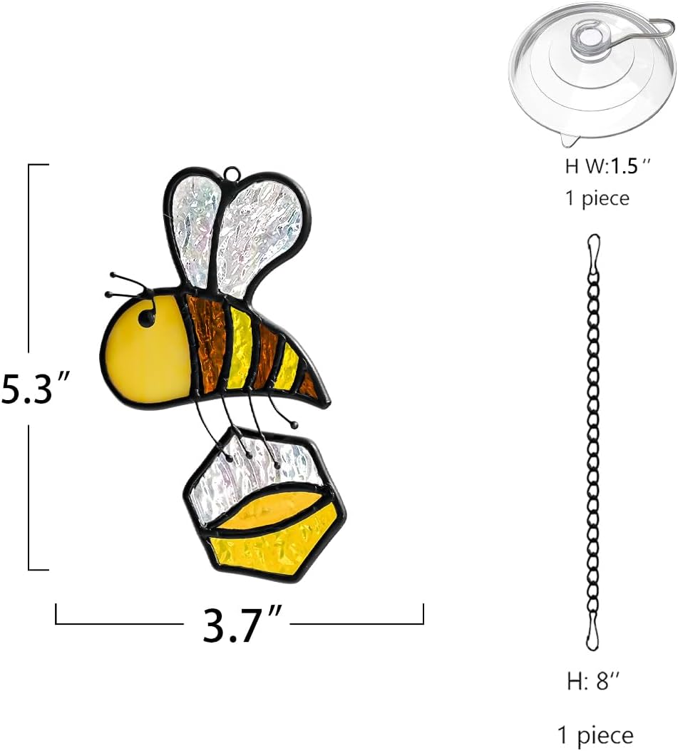 BOXCASA Honey Bee Decor Stained Glass Suncatcher,Bumble Bee Stained Glass Window Hanging,Birthday Bees Gifts for Bees Lover Women Mom Kids,Honeypot Decorations for Home