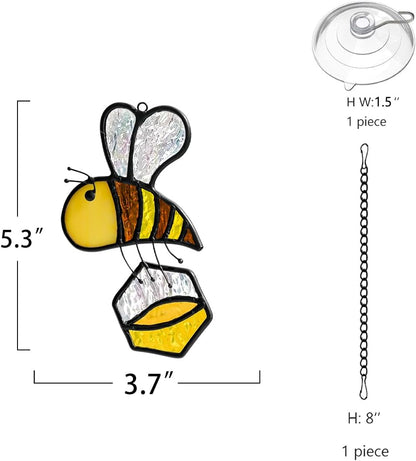 BOXCASA Honey Bee Decor Stained Glass Suncatcher,Bumble Bee Stained Glass Window Hanging,Birthday Bees Gifts for Bees Lover Women Mom Kids,Honeypot Decorations for Home