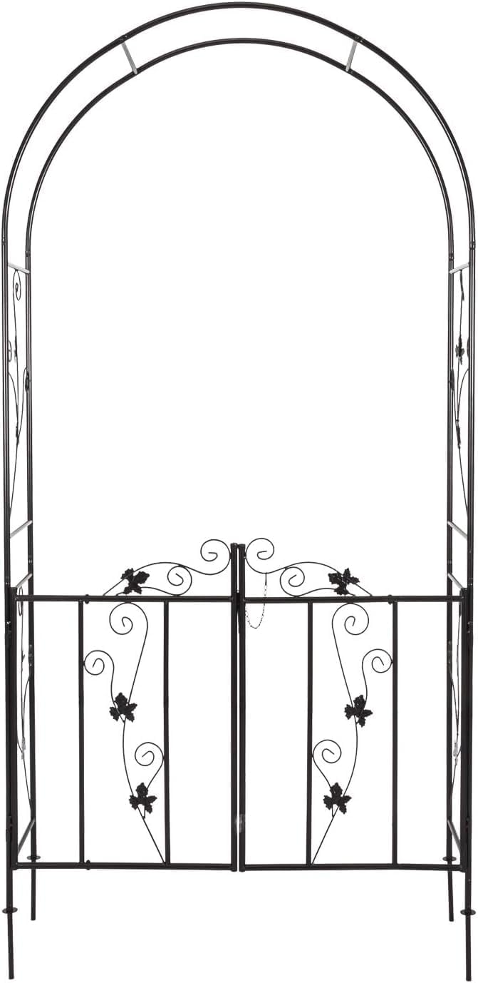 Kinfant Metal Garden Arch Arbor with Gate, Garden Archway for Outside, Heavy-Duty Garden Arch Trellis for Wedding Decoration, Climbing Plants, Backyard and Outdoor Patio(Black)