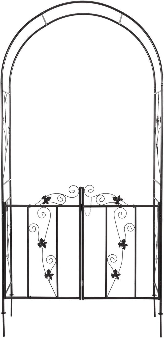 Kinfant Metal Garden Arch Arbor with Gate, Garden Archway for Outside, Heavy-Duty Garden Arch Trellis for Wedding Decoration, Climbing Plants, Backyard and Outdoor Patio(Black)