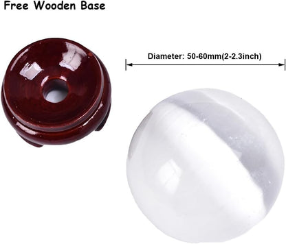 JIC Gem Selenite Crystal Ball with Wooden Stand Healing Crystal Sphere for Meditation, Home Decoration 2-2.3 Inch(50-60mm)