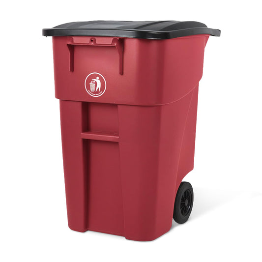 50 Gallon Trash Can, Red Outdoor Garbage Can, Wheeled Outside Trash Bin, Outdoor with Lid and