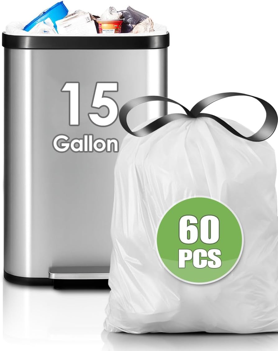 Teivio 15 Gallon 60 Counts Strong Tall Kitchen Drawstring Trash Bags, Medium Plastic Garbage Bags for Home Kitchen Office Garden Outdoor Tall Trash Can, Waste Bin Liners White