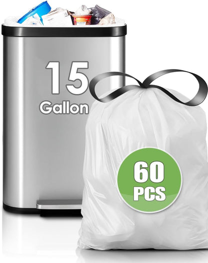 Teivio 15 Gallon 60 Counts Strong Tall Kitchen Drawstring Trash Bags, Medium Plastic Garbage Bags for Home Kitchen Office Garden Outdoor Tall Trash Can, Waste Bin Liners White