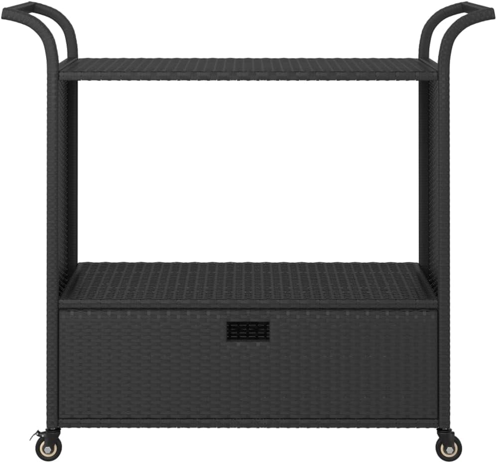 Outdoor Rolling Wicker Bar Cart with Drawer, Portable Bar Cart with Wheels, Patio Kitchen Island Cart for Pool Deck Backyard, Black 39.4"x17.7"x38.2" Poly Rattan -460