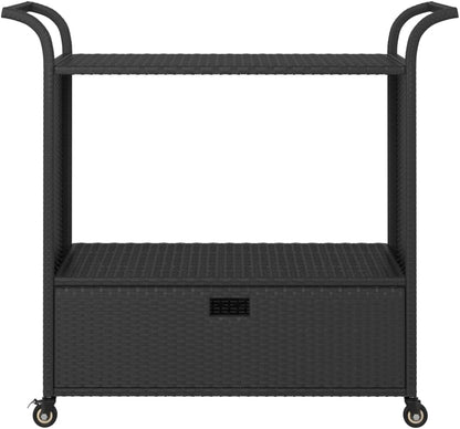 Outdoor Rolling Wicker Bar Cart with Drawer, Portable Bar Cart with Wheels, Patio Kitchen Island Cart for Pool Deck Backyard, Black 39.4"x17.7"x38.2" Poly Rattan -460
