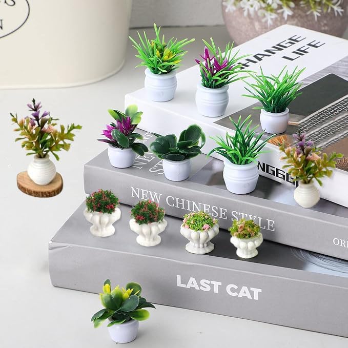 Dollhouse Plants and Flowers, 24Pcs, Miniature Bonsai Plants, Mini Potted Plants, Models Tiny Fake Greenery Ornaments for Dollhouse Decoration