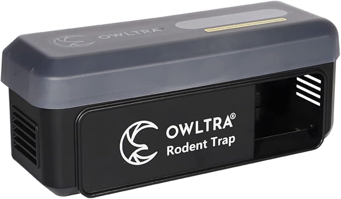OWLTRA OW-7 in-/Outdoor Electric Rodent Trap, Instant Kill Mouse & Rat Zapper with Waterproof Cover, Sound & Light Alarm, and Batteries or USB Power Source, Waterproof Grade IPX4, Black
