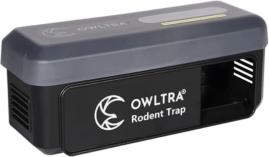 OWLTRA OW-7 in-/Outdoor Electric Rodent Trap, Instant Kill Mouse & Rat Zapper with Waterproof Cover, Sound & Light Alarm, and Batteries or USB Power Source, Waterproof Grade IPX4, Black