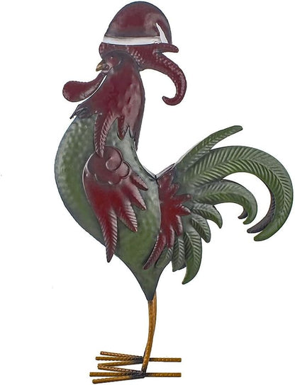 Rooster Statue Creative Chicken Animal Sculpture with Christmas Hat Garden Decoration Metal Yard Art for Patio Lawn Backyard Outdoor Indoor Decoration